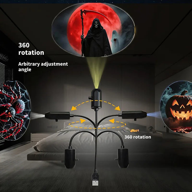 Projecteur LED Halloween — Crâne, Fantôme, Araignée & Citrouille | Ambiance Effrayante USB