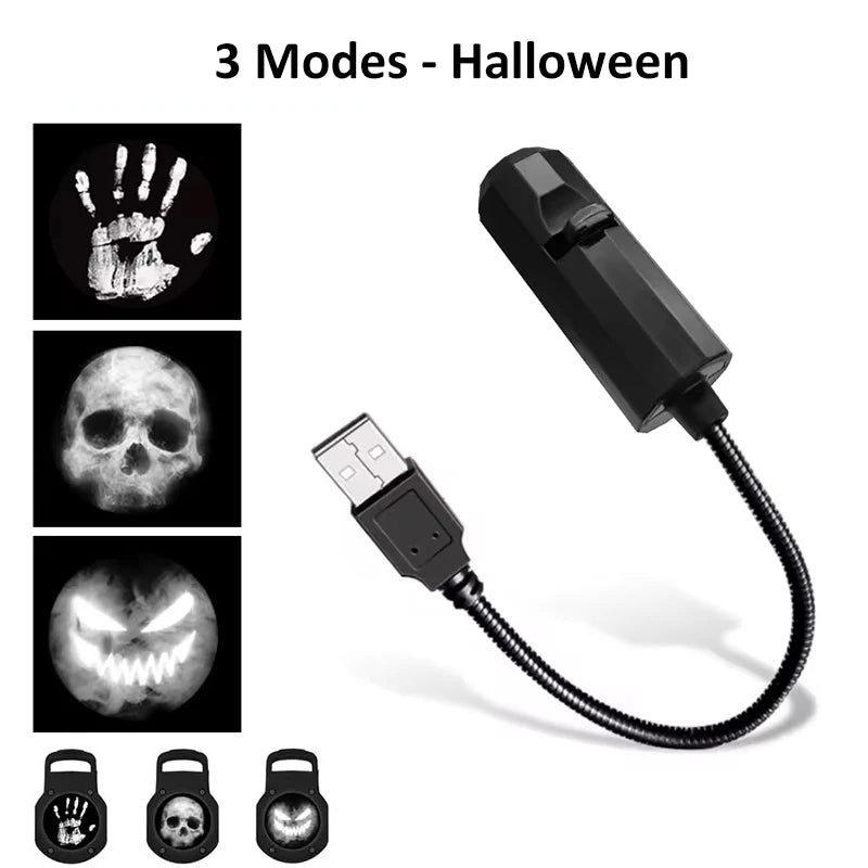Projecteur LED Halloween — Crâne, Fantôme, Araignée & Citrouille | Ambiance Effrayante USB