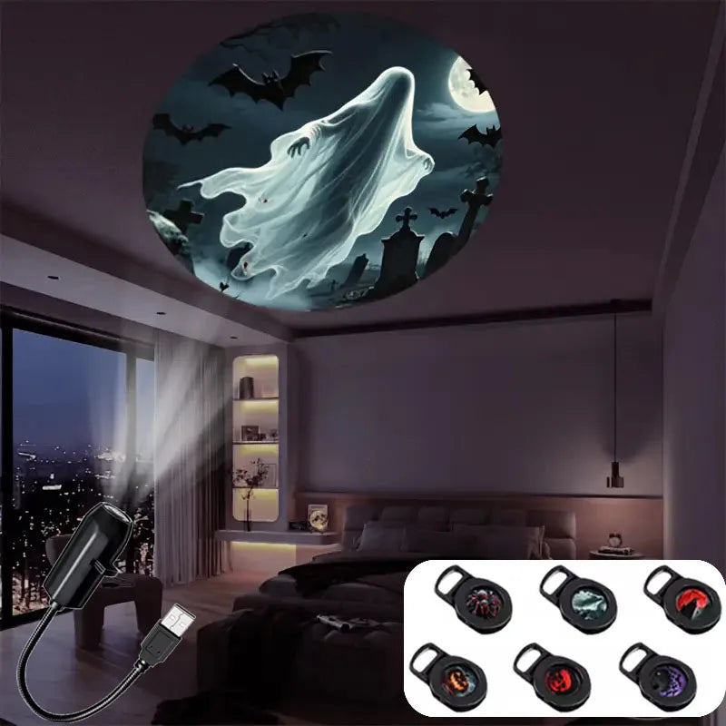 Projecteur LED Halloween — Crâne, Fantôme, Araignée & Citrouille | Ambiance Effrayante USB