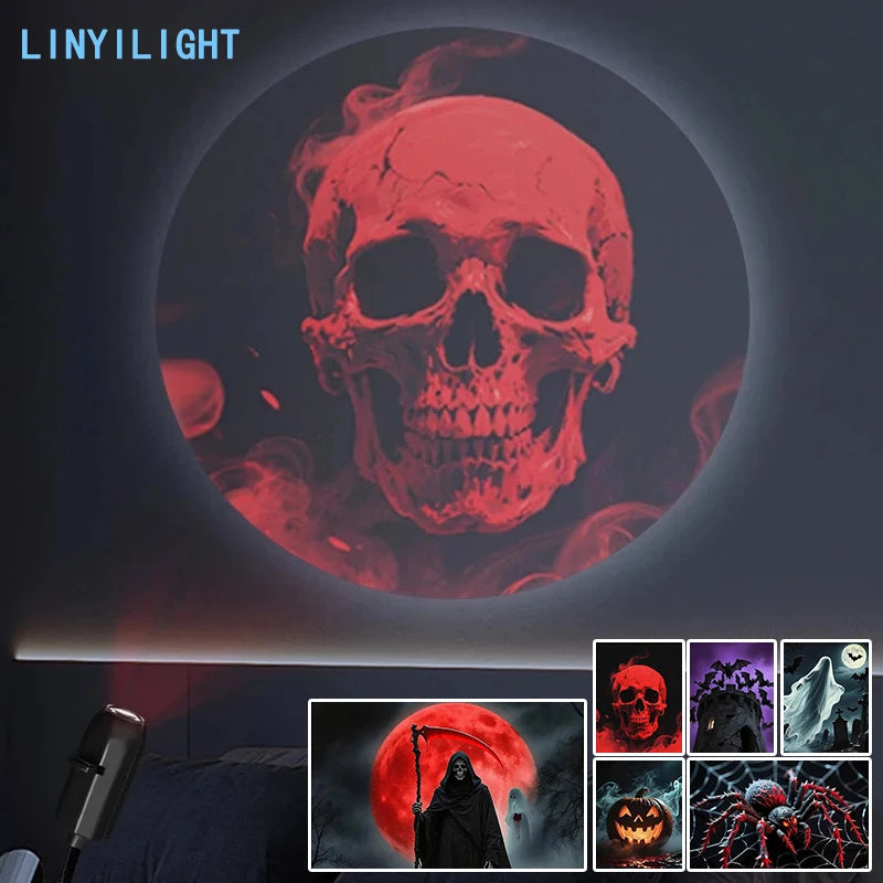 Projecteur LED Halloween — Crâne, Fantôme, Araignée & Citrouille | Ambiance Effrayante USB