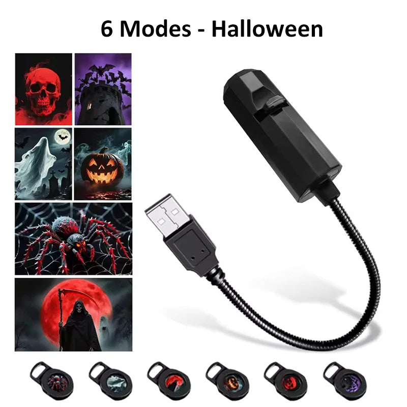 Projecteur LED Halloween — Crâne, Fantôme, Araignée & Citrouille | Ambiance Effrayante USB
